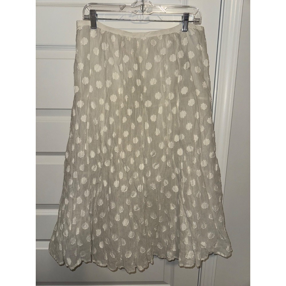 Tracy Reese Cream polka dot Embroidered Floral A-Line Midi Skirt sz 12 feminine